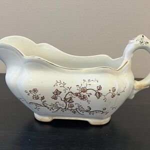 Rufford Pottery England Ironstone Gravy Boat Brown Floral Antique‎ 1890-1910